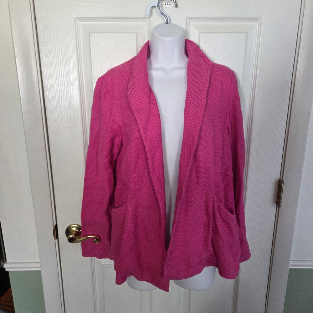 Eileen Fisher S Pink Textured Open Front Blazer Shawl Collar Jacket Linen Career